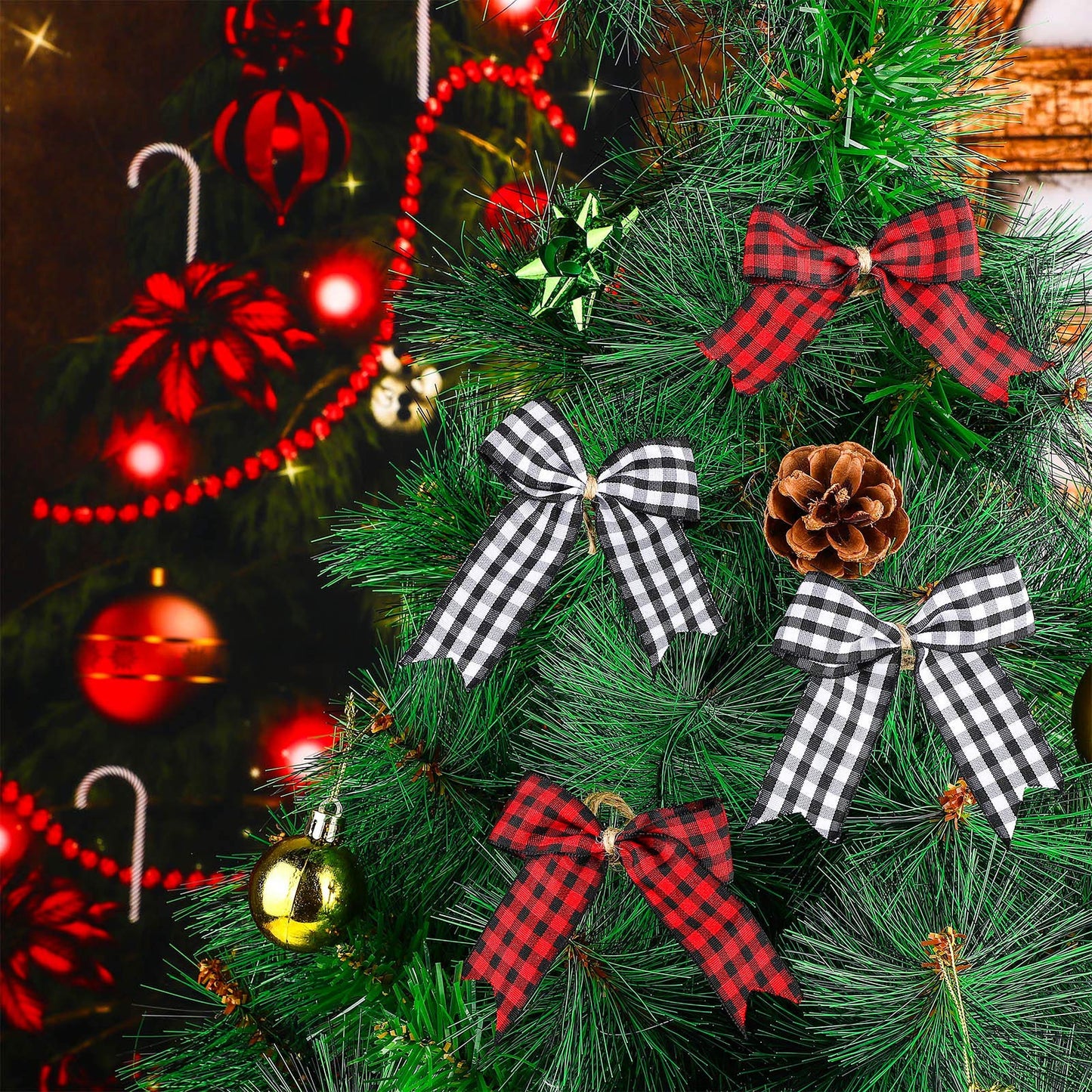 WILLBOND 36 Pieces Christmas Buffalo Plaid Bows Small Bows Christmas Tree Ornaments Checkered for Wreaths Decoration(Red and Black)
