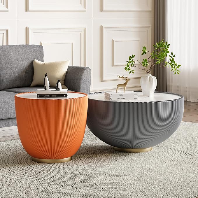 Round Marble Coffee Table Set of 2, 2 Piece White Coffee Table and End Table