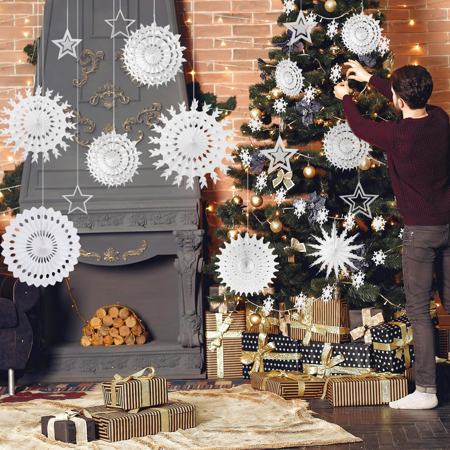 WNSIRVY 21 Pcs White Snowflake Decorations Christmas Paper Hanging Fans Decor Winter Wonderland Party Decorations with Frozen Snowflake Garland Star Hanging for Xmas Winter Wedding Birthday