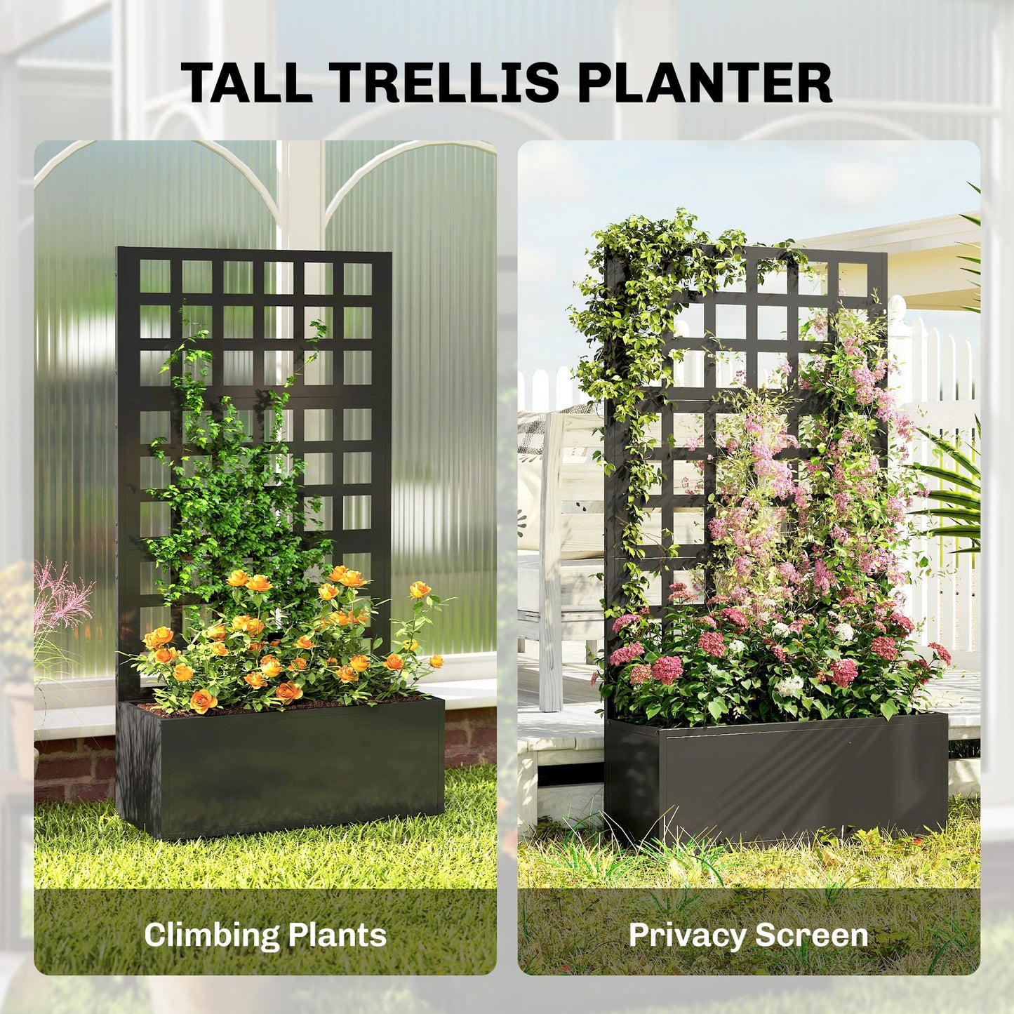 Outsunny Galvanized Raised Garden Bed with Trellis, Metal Planter Box with Drainage Holes, Outdoor Privacy Screen for Climbing Plants, Vegetable, Vines, 24" x 9" x 44.5", Black