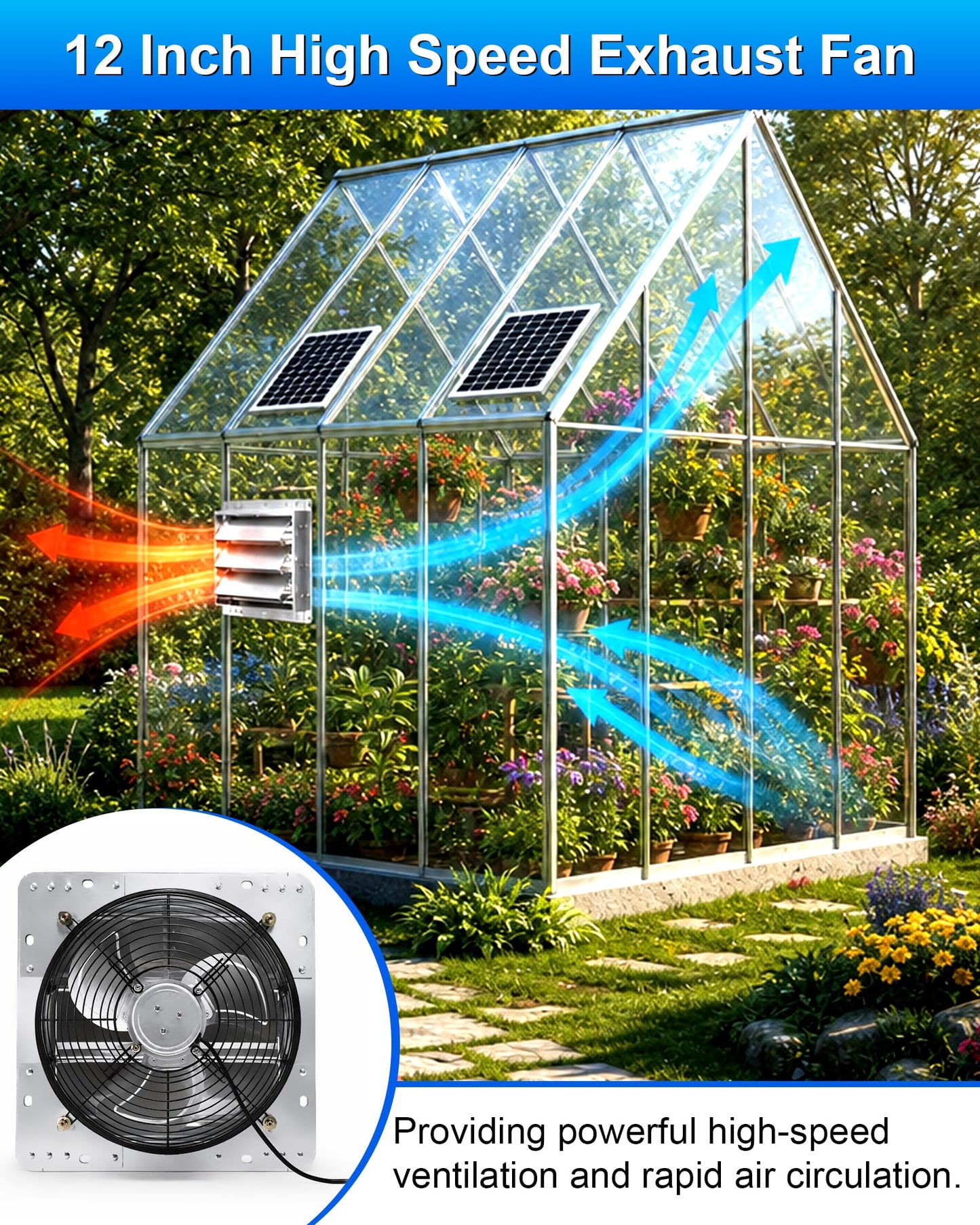 12" High Speed Solar Exhaust Fan for Greenhouse Equipped with Two 30W Solar Panel, with Battery and Smart Charging System. Applicable to Garages, Sheds, Attics, Storage Rooms, RVs