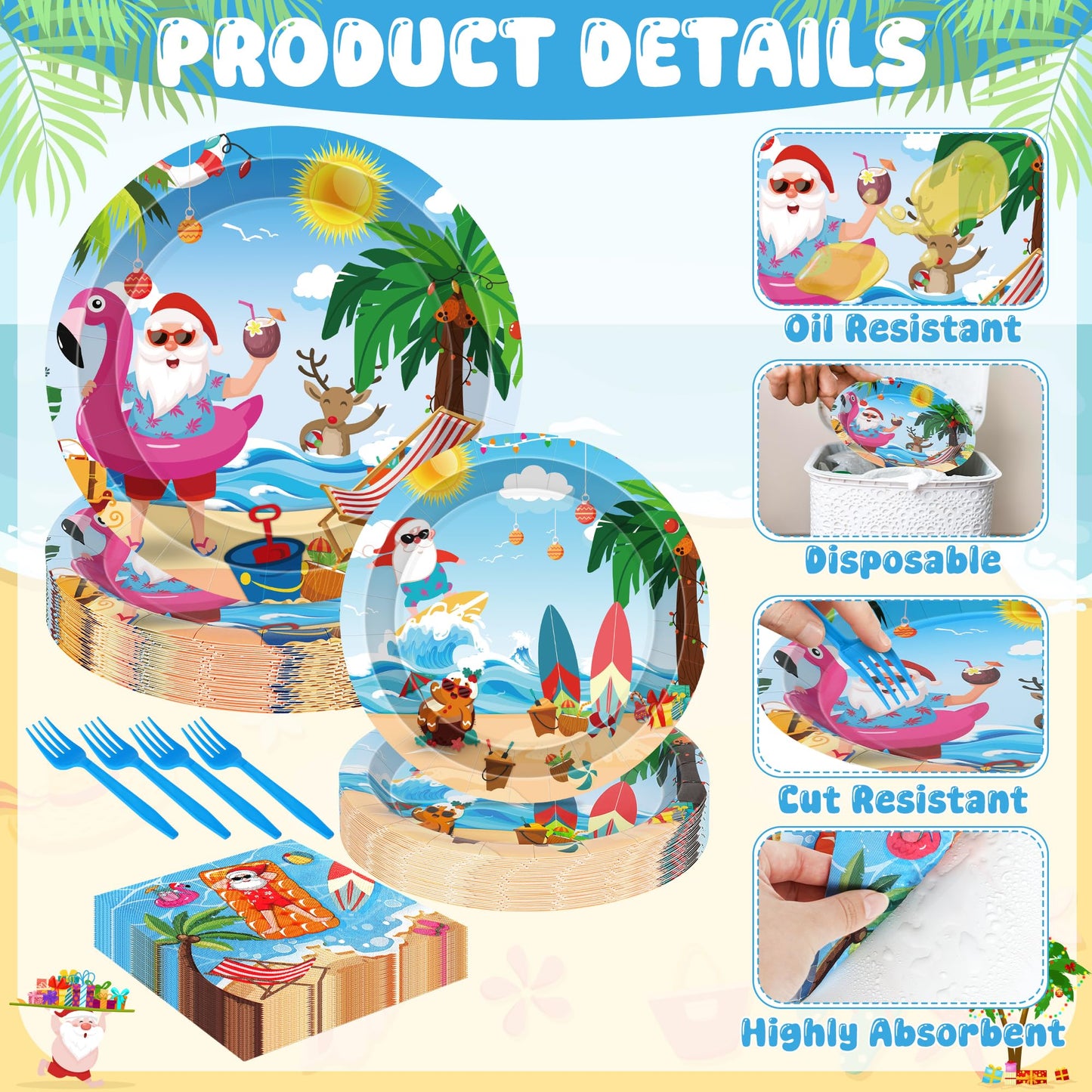 96PCS Summer Christmas July Decoration, July Christmas Plates and Napkins Forks Set, Disposable Hawaiian Beach Xmas Santa Tableware for Tropical Pool Beach Picnics Birthday Party Supplies Serves 24