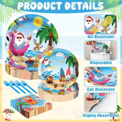96PCS Summer Christmas July Decoration, July Christmas Plates and Napkins Forks Set, Disposable Hawaiian Beach Xmas Santa Tableware for Tropical Pool Beach Picnics Birthday Party Supplies Serves 24