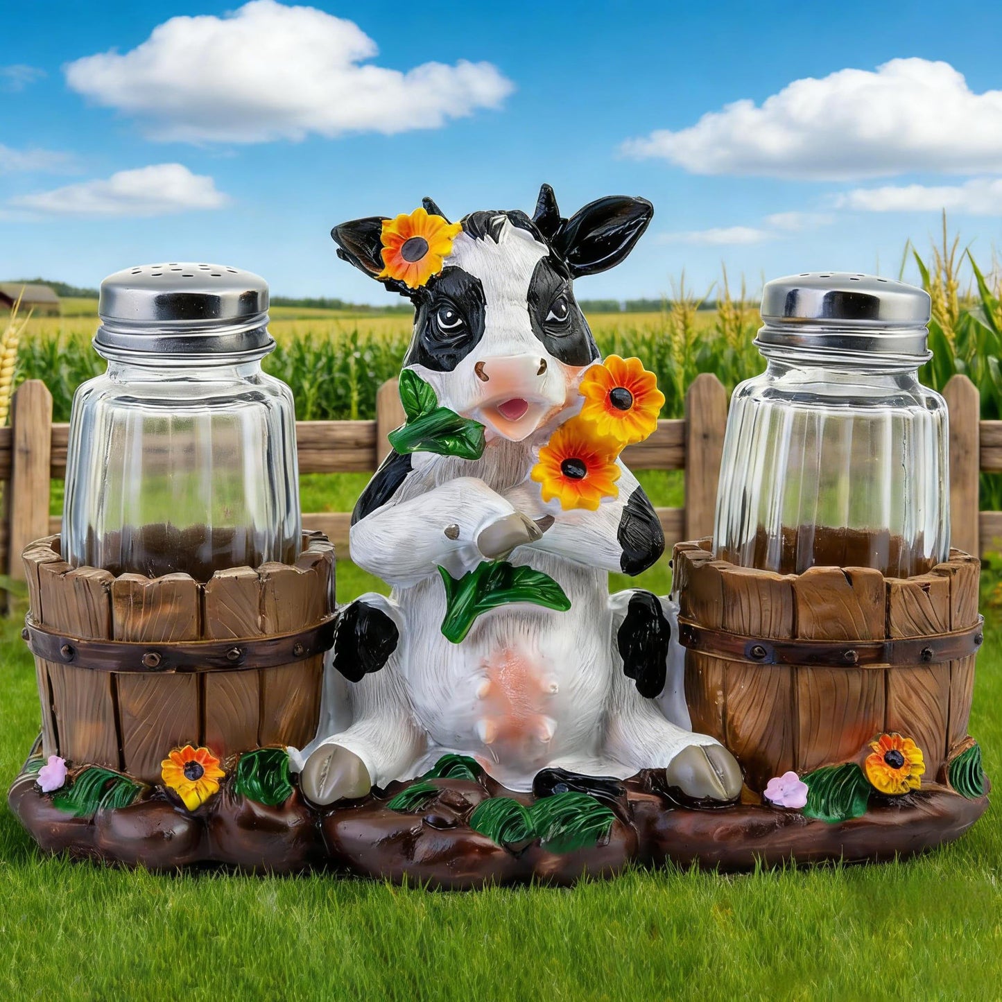 Rustic Farm Cow Salt and Pepper Shaker Holder with Glass Jars