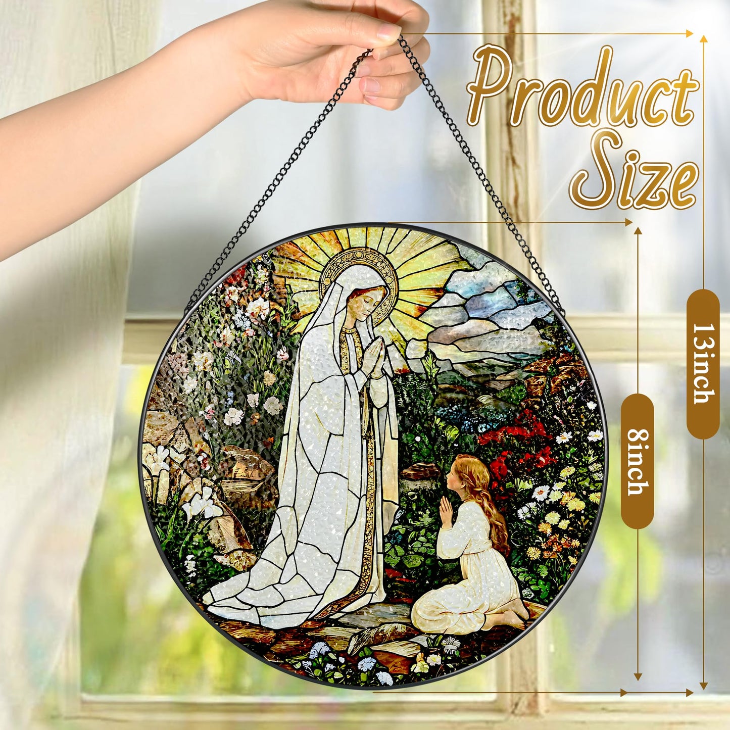 8 Inch Lady of Lourdes Stained Glass Suncatcher, Stained Glass Window Hanging, Virgin Mary Religious Window Hanging, Gift for Mothers Day, Catholic Home Decor, Faith Gift for Christian, Religious Gift
