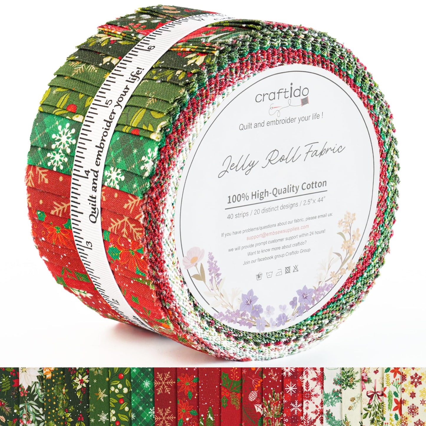 Craftido-20 Options-100% Cotton Jelly Roll Fabric Precut Strips for Quilting, Crafting, and Sewing, 40 Strips 2.5" x 44" Assorted Bundles for Rugs, Quilts, DIY Crafts and Home Decor-Winter Christmas
