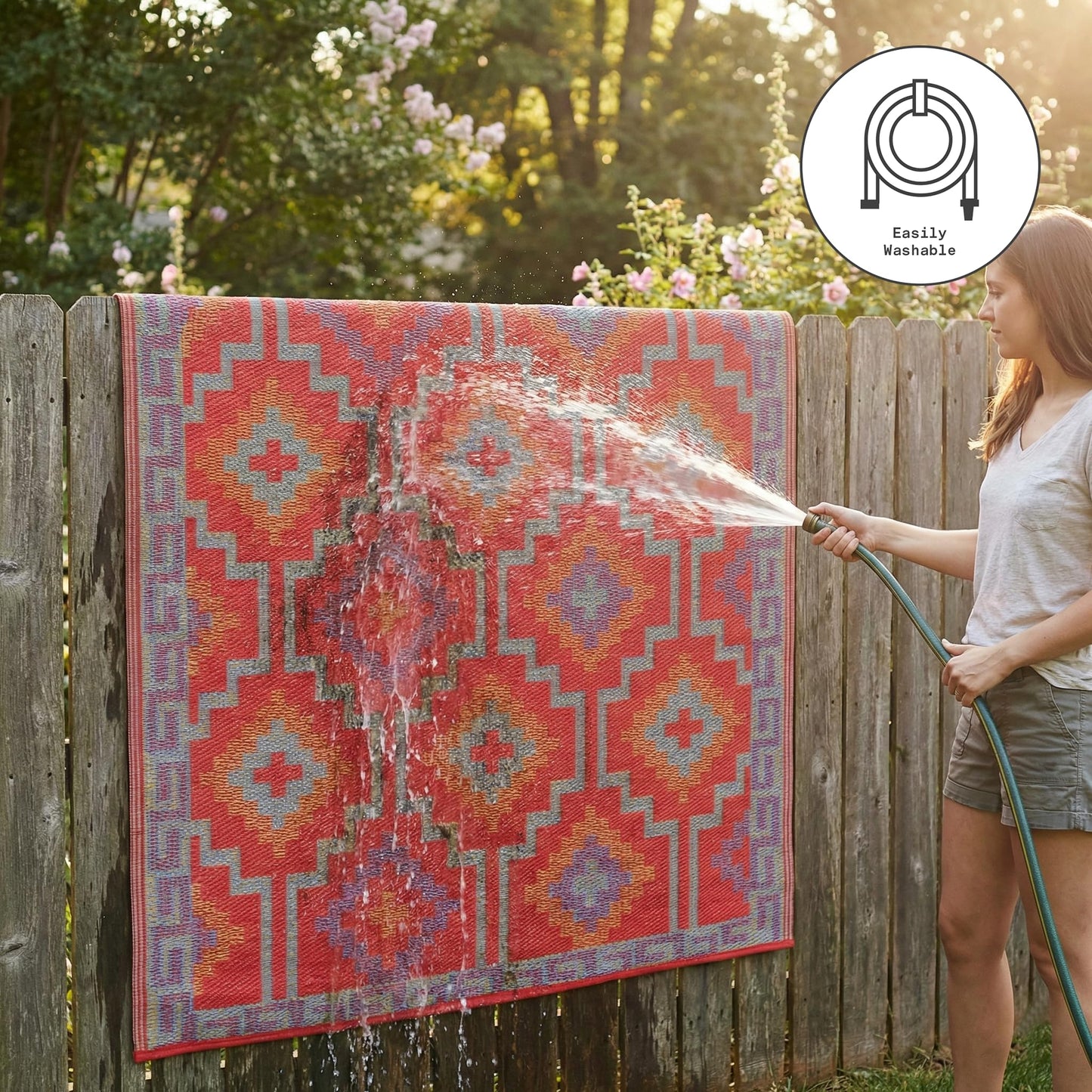 Fab Habitat Outdoor Rug - Waterproof, Fade Resistant, Crease-Free - Premium Recycled Plastic - Vintage Boho Kilim - Large Patio, Deck, Sunroom, Camping, RV - Lhasa - Orange & Violet - 6 x 9 ft