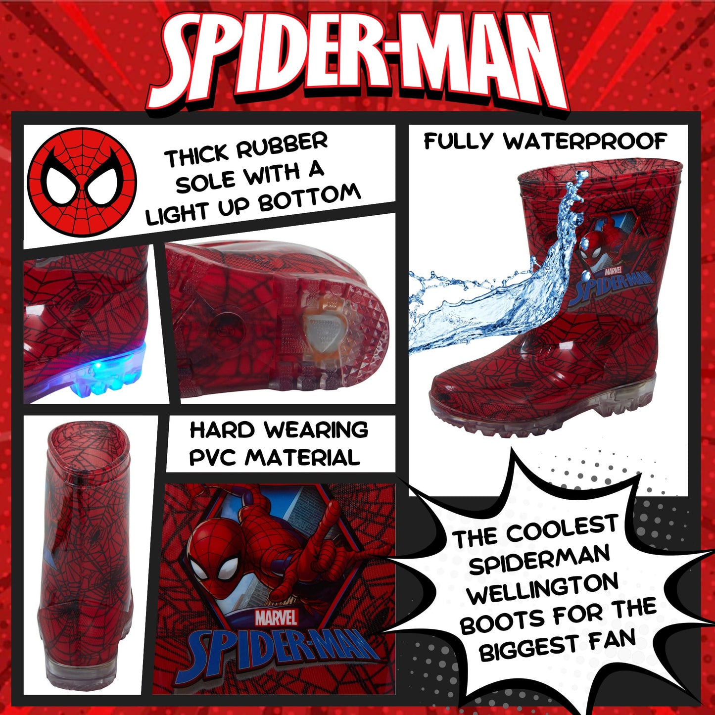 Marvel Spiderman Light Up Wellington Boots 10 UK Child