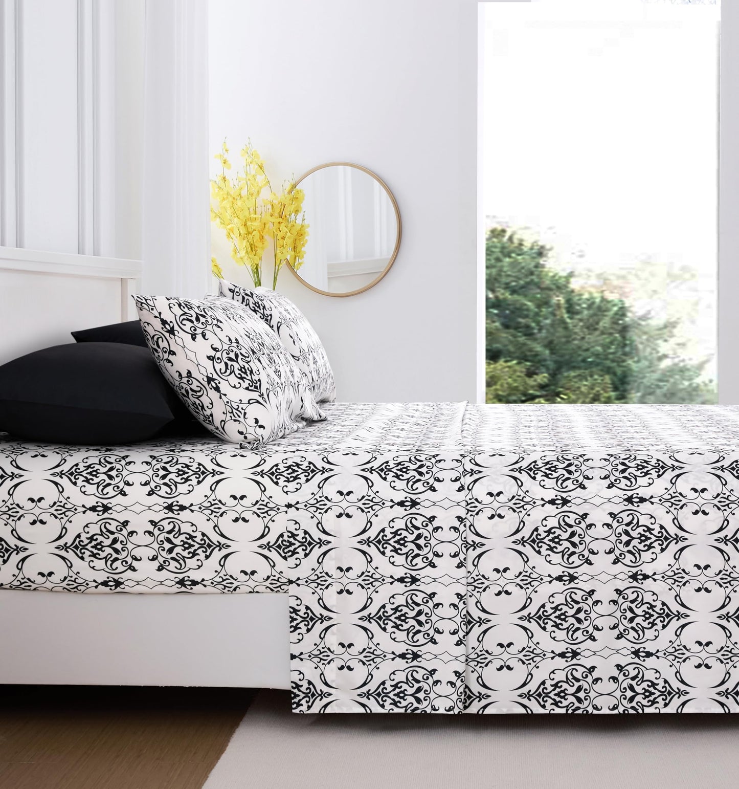 Spirit Linen home 6-Piece Twin Size Bed Sheet Set - Deep Pocket, Scroll Pattern, Soft and Breathable Bed Sheets, Microfiber Material, Includes 1 Fitted, 1 Flat, 4 Pillowcases - Black/White Scroll