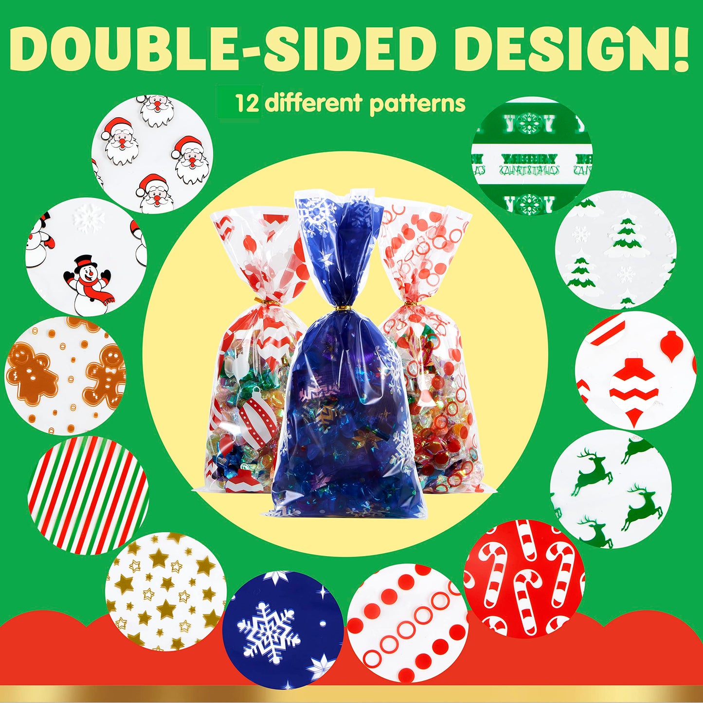 JOYIN 144 PCS Christmas Cellophane Bags with Ribbon for Holiday Treats, Christmas Clear Cello Gift Candy Cookie Bags for Party Favors, Festivals Presents, Party Supplies (11” X 5”)
