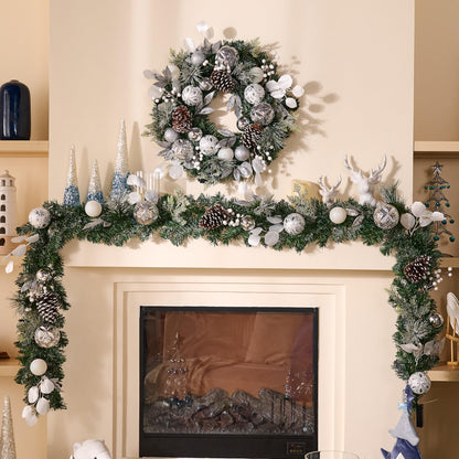 Valery Madelyn 9 Feet Pre-Lit Christmas Garland with Lights for Mantle, Lighted Outdoor Xmas Garland with Snowy White Ball Pinecones for Home Stairs Fireplace Table Centerpiece Indoor Holiday Decor