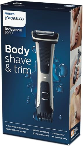Philips Norelco Body Groomer 7000 Series, Men's Whole Body Groomer, Contour-Following 2D Flexing Head, Triple Protect Shave System & Intimate Body Hair Trimmer, 100% Showerproof, BG7480/50