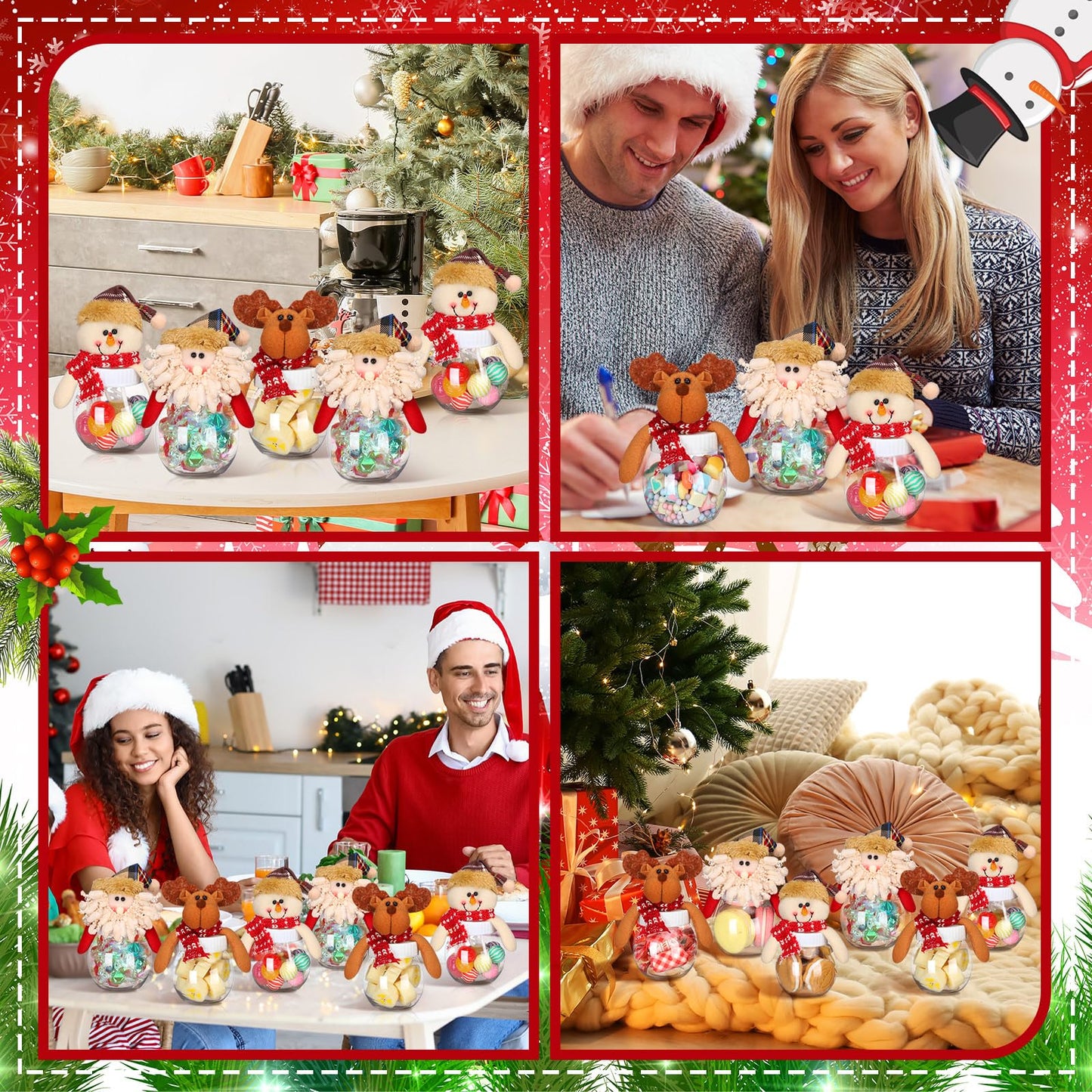Reallnaive 12 Pcs Christmas Candy Jars with Snowman Santa Elk Lid 5.91 x 3.1 Inch Plastic Clear Christmas Cookie Chocolate Jar Xmas Snack Food Storage Container for Gifts Holiday Party Favor Supplies