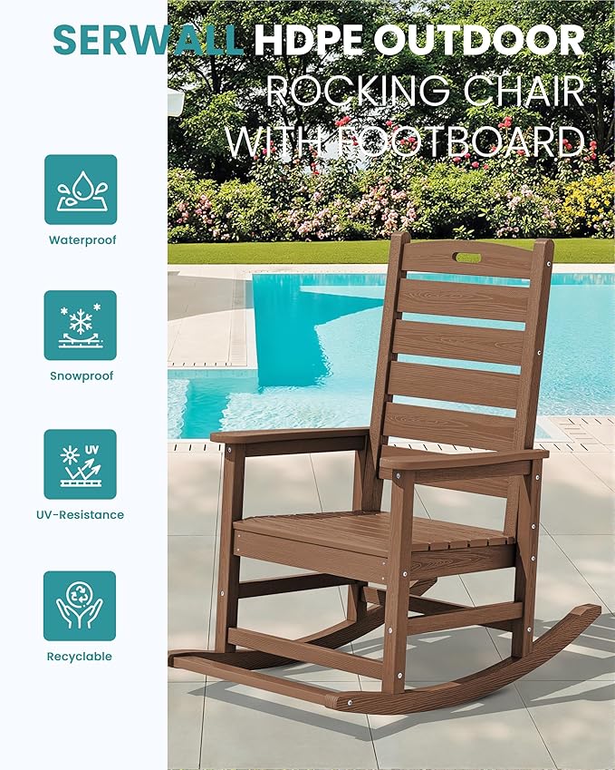 SERWALL Outdoor Rocking Chair, Oversized Rocking Chair with Footrest for Adults, HDPE All Weather Resistant Rocking Chairs for Patio, 350lbs Weight Capacity, Brown
