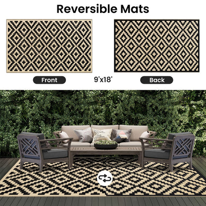 Smiry Waterproof Outdoor Rug 9X18 ft, Reversible Plastic Straw Patio Camping Rugs, Outdoor Indoor RV Mat Carpet for Patio, Outside Entry, Backyard, Deck, Bench, Picnic, Camper, Black & Beige