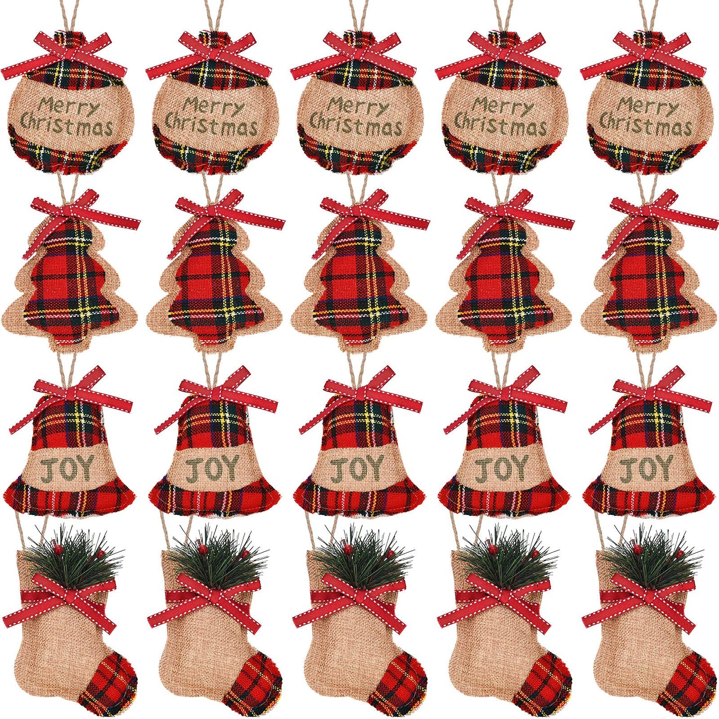 Jetec 20 Pieces Buffalo Plaid Christmas Ornaments Rustic Tartan Burlap Farmhouse Christmas Tree Decors Red Black Buffalo Xmas Tree Ball Plaid Stocking Bell Shaped Hanging Ornaments for Xmas Party