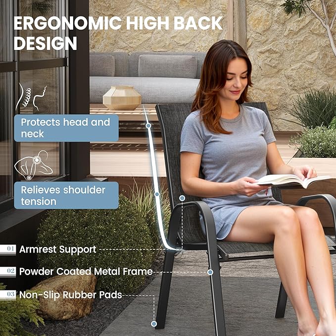 Patio Dining Chairs Set of 4, Stackable Dining Chairs High Back, Breathable Seat Fabric and Alloy Steel Frame Fit Backyard, Porch, Lawn，Poolside (Dark Grey)