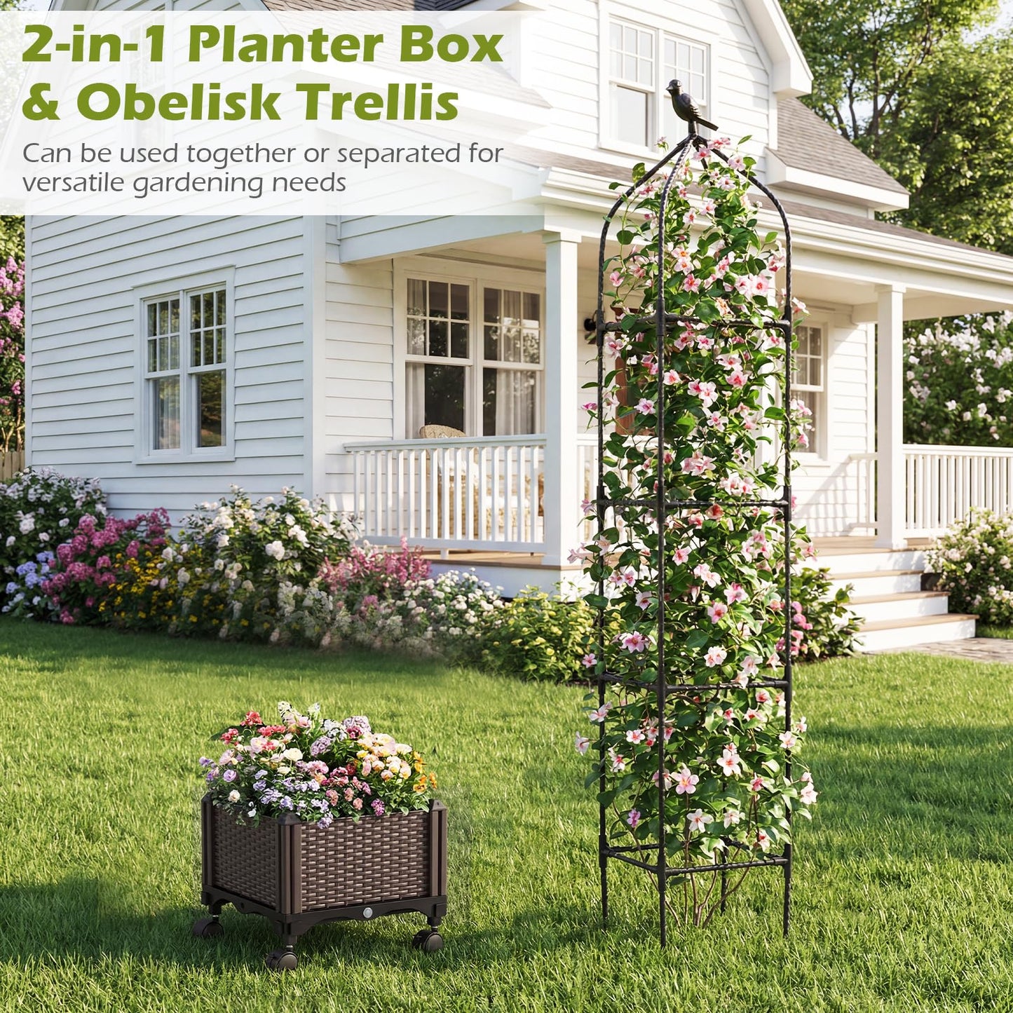 HAPPYGRILL Raised Garden Bed with Trellis, Self-Watering Tomato Cages, 83” 67” 51” Adjustable Height, Indoor Outdoor Obelisk Planter Box w/Trellis & Wheels for Climbing Plants Vines Fruits (2)