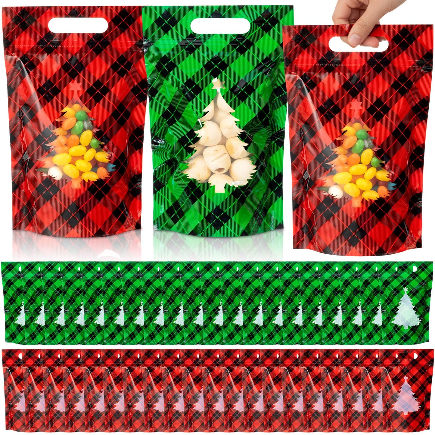 AmazingSpark Summer Christmas Candy Treat Bags with Windows, Holiday Plaid Plastic Sealing Bags with Handles for Xmas Holiday Party Candy or Snacks Gift Wrapping Supplies