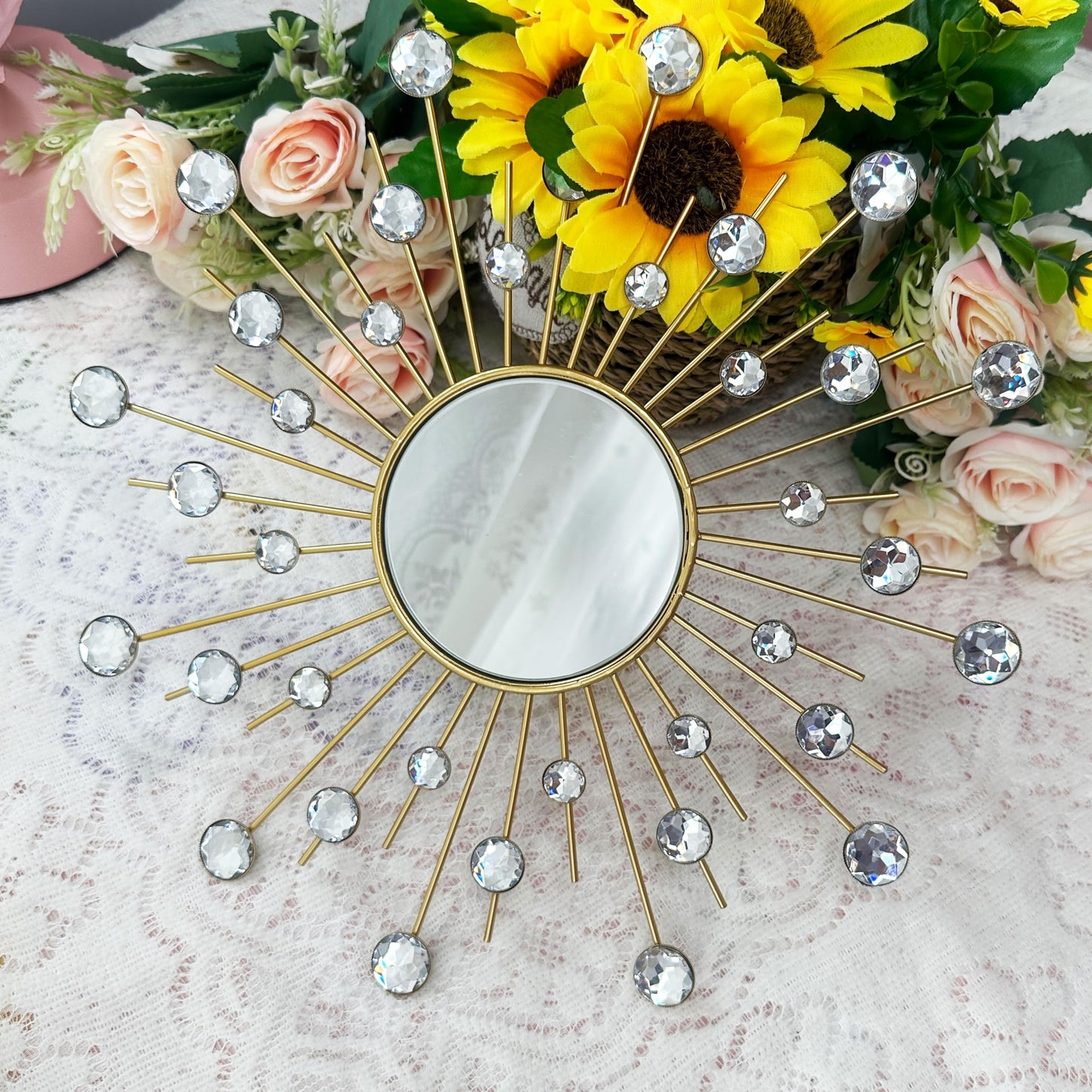 Uaussi 3 Pack Crystal Sunburst Wall Mirror Décor Rhinestone Mirrors Decorative Home Wall Art for Living Room Bedroom Entryway(Crystals Gold)