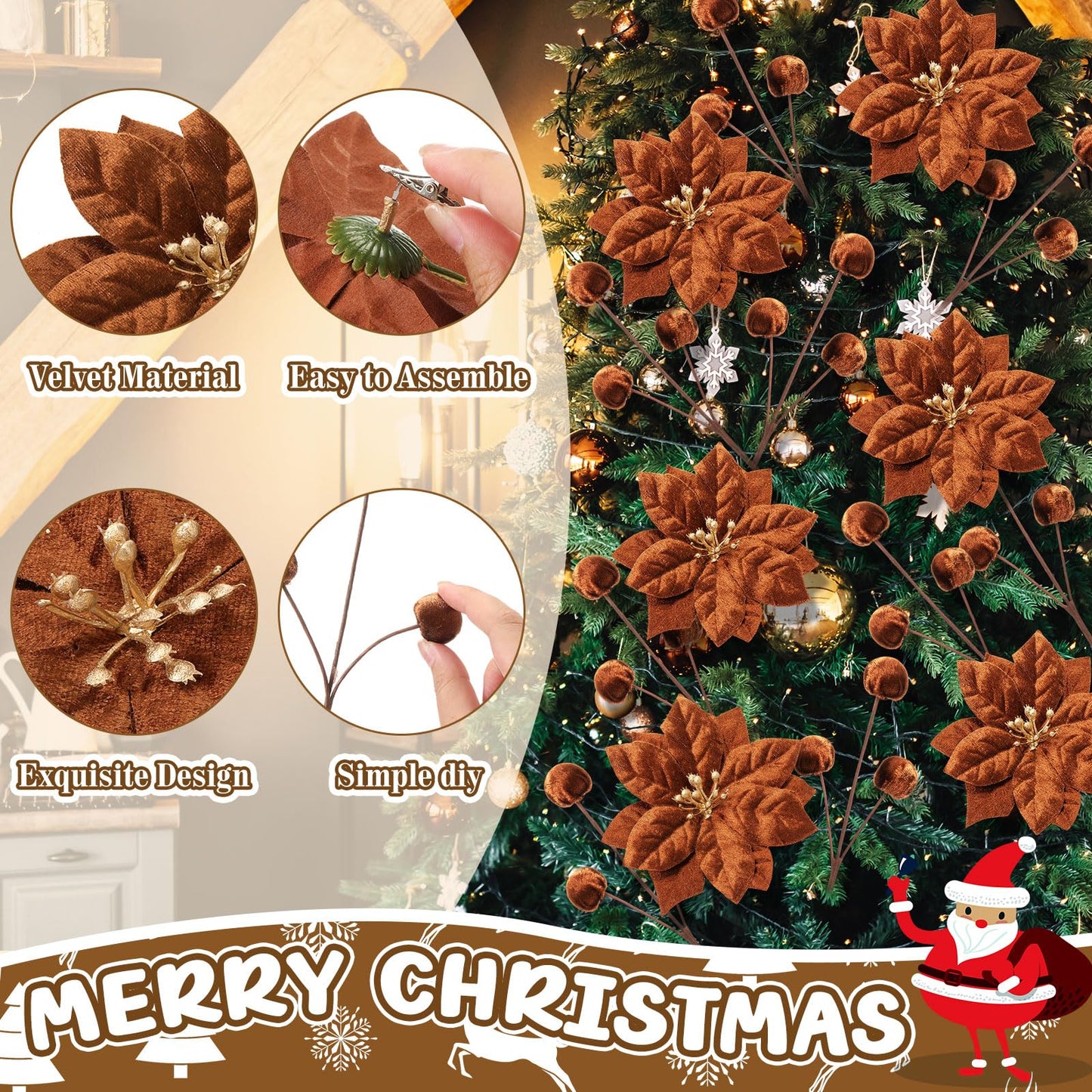 Hungdao 18 Pcs Velvet Christmas Tree Ornament Set Artificial Christmas Poinsettia Flower with Clips and Tree Picks Neutra Holiday Ornaments for Xmas Wreath Fireplace Stairs Decor(Brown)