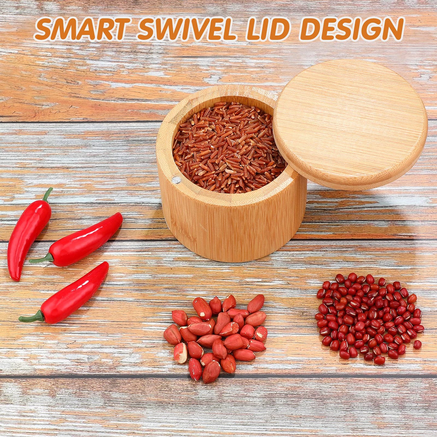 Patelai 4 Pieces Bamboo Salt Storage with Magnetic Swivel Lid Salt and Spice Storage Compartment Bamboo Pepper Box for Kitchen
