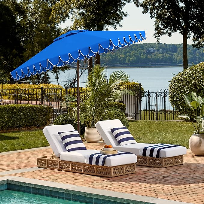 SAFAVIEH 9ft Outdoor Patio Umbrella, Round, Valance, Pacific Blue & White Trim, Auto Crank Tilt, UV Resistant for Deck, Backyard, Poolside (PAT8006P)
