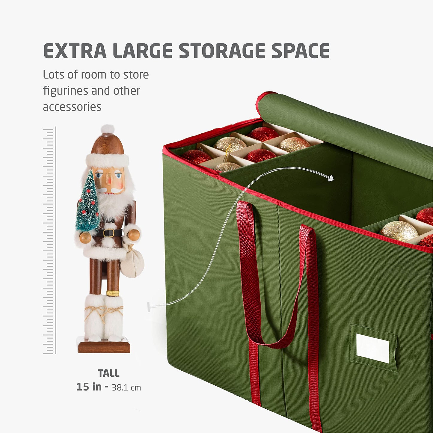 ZOBER Large Christmas Ornament Storage Box - Stores 80 3" Ornaments, With Dividers - With Large Compartment for Figurines, and Accessories, Durable Christmas Containers Holder, 4 Extra Pockets - Green