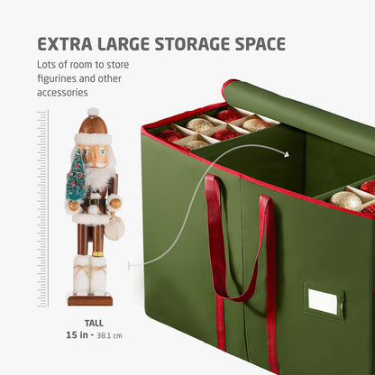 ZOBER Large Christmas Ornament Storage Box - Stores 80 3" Ornaments, With Dividers - With Large Compartment for Figurines, and Accessories, Durable Christmas Containers Holder, 4 Extra Pockets - Green