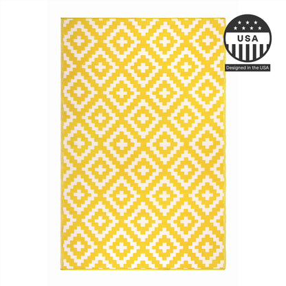 FH Home Outdoor Camping Rug - Waterproof, Fade Resistant, Reversible - Premium Recycled Plastic - Geometric - Large Patio, Deck, Sunroom, RV - Aztec - Yellow & White - 9 x 18 ft Foldable