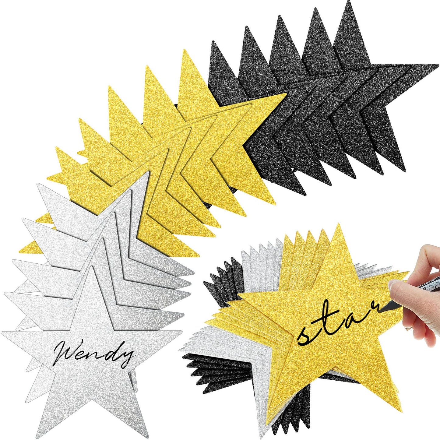 Gejoy 80 Pieces Glitter Stars Cutouts Gold Stars Decoration Double Printed Paper Star for Movie Night Bulletin Board Decoration Classroom Wall Graduation Party Decorations 6 Inches Gold, Silver, Black