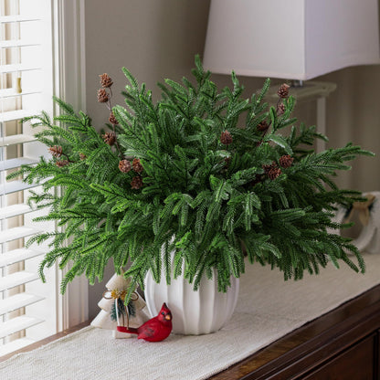 HyeFlora 14 PCS Christmas Norfolk Pine Stems with Small Pine Cones Branches, 19 In Real Touch Artificial DIY Greenery Pine Needles Picks,Xmas Faux Cedar Pine Branche for Vase Indoor Outdoor Home Décor