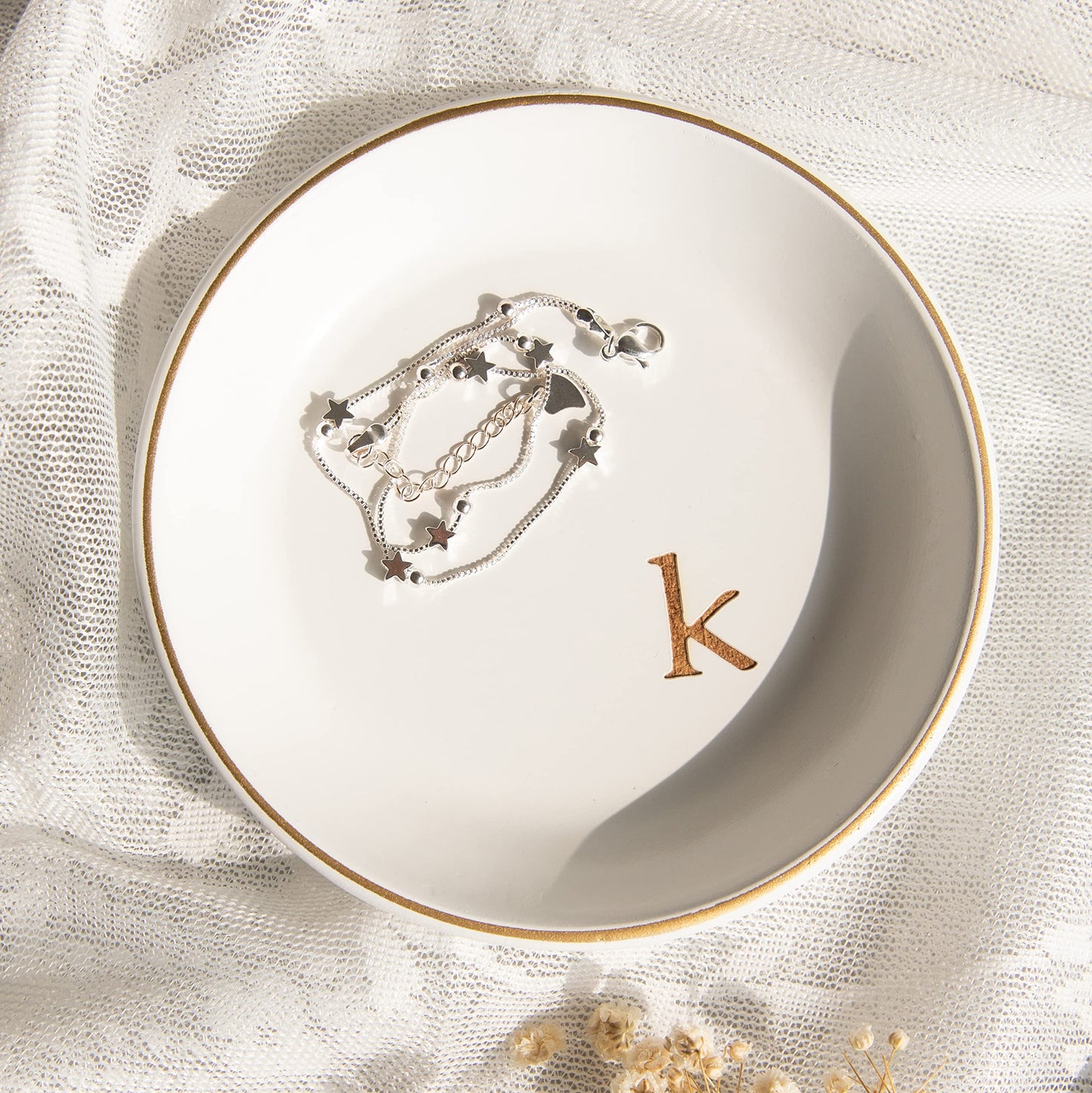 COLLECTIVE HOME - Wood Jewelry Tray, Decorative Monogram Trinket Dish for Rings Earrings Necklaces Bracelet Watch Keys, Birthday Mother's Day Christmas Gift for Women, 4.75" (k)