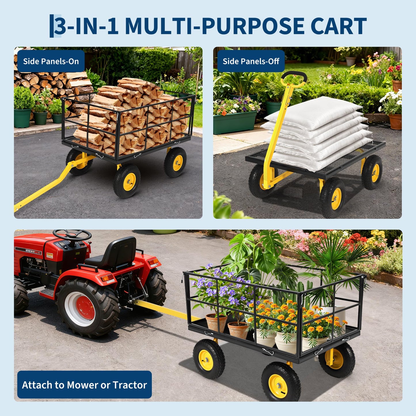 Heavy Duty 1500 Lbs Capacity Mesh Steel Garden Cart Folding Utility Wagon with Removable Sides, Garden Cart on Wheels for Gardening Soil, Tools, and Plant Transport
