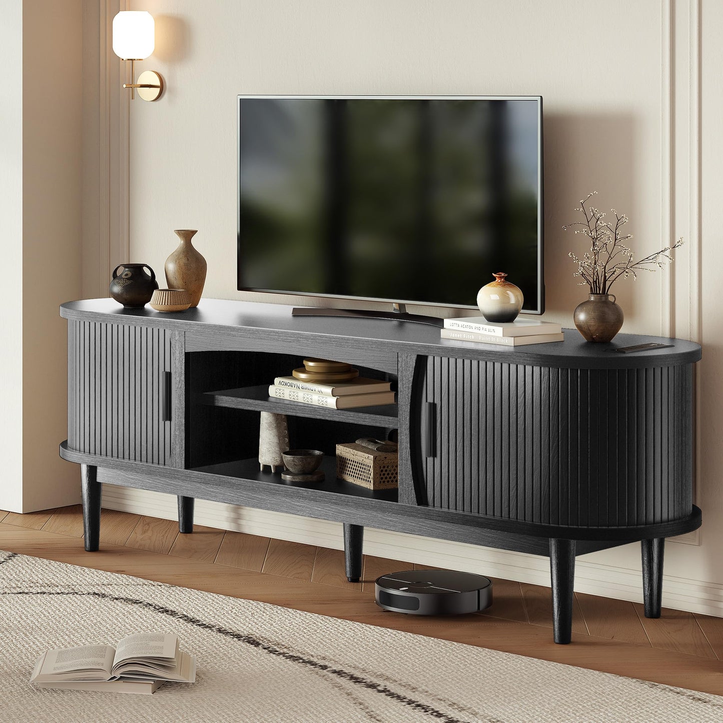 Decofy Mid Century TV Stand for TVs up to 70 Inches, Entertainment Center with Storage, Power Outlet, Fluted Sliding Doors & Adjustable Shelves, Modern Media TV Console Table for Living Room (Black)