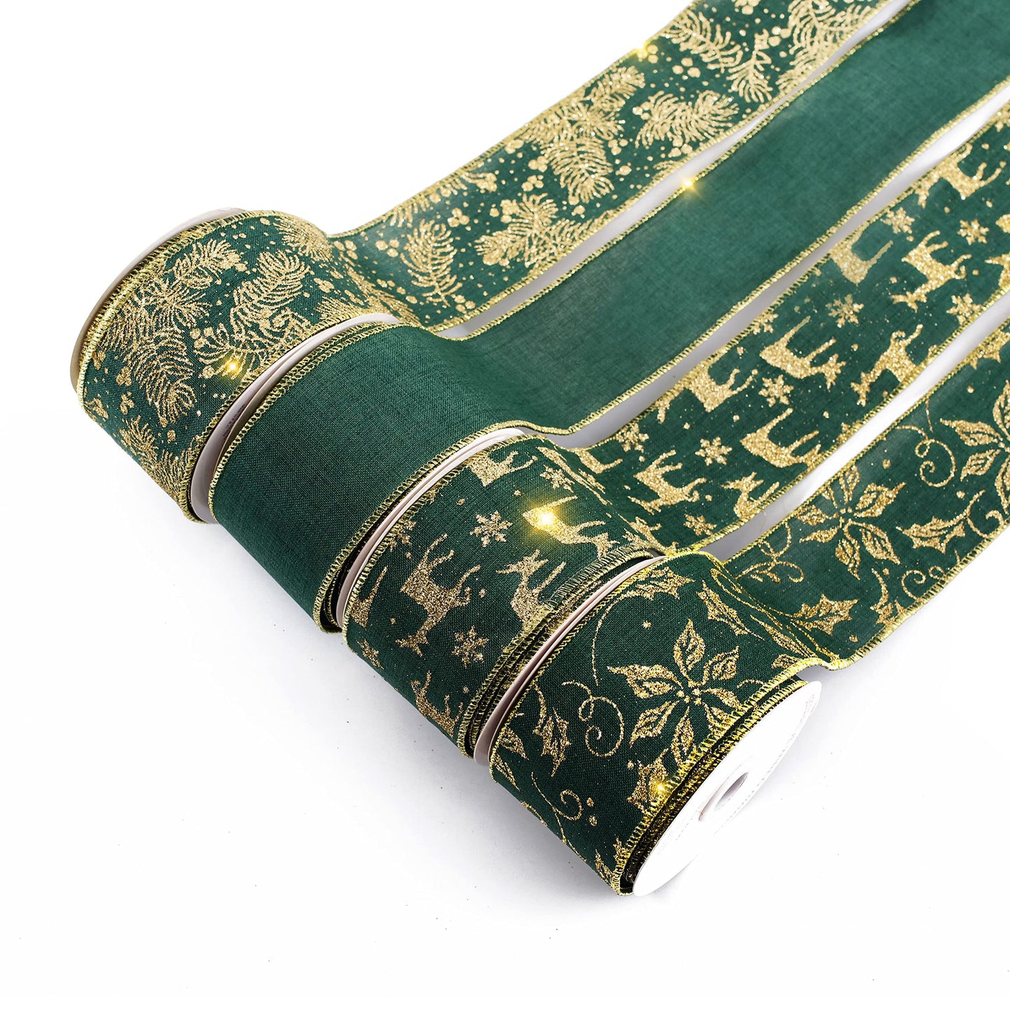 UNIQOOO 40 Yards 4 Rolls Seamless Green Christmas Wired Ribbon Set, 2.5 inch x 10yd. Satin Burlap Wired Edge Ribbon for Xmas Tree Décor, Gift Wrap Box, Bows, Wreath, Garland, Floral DIY Craft, Wedding
