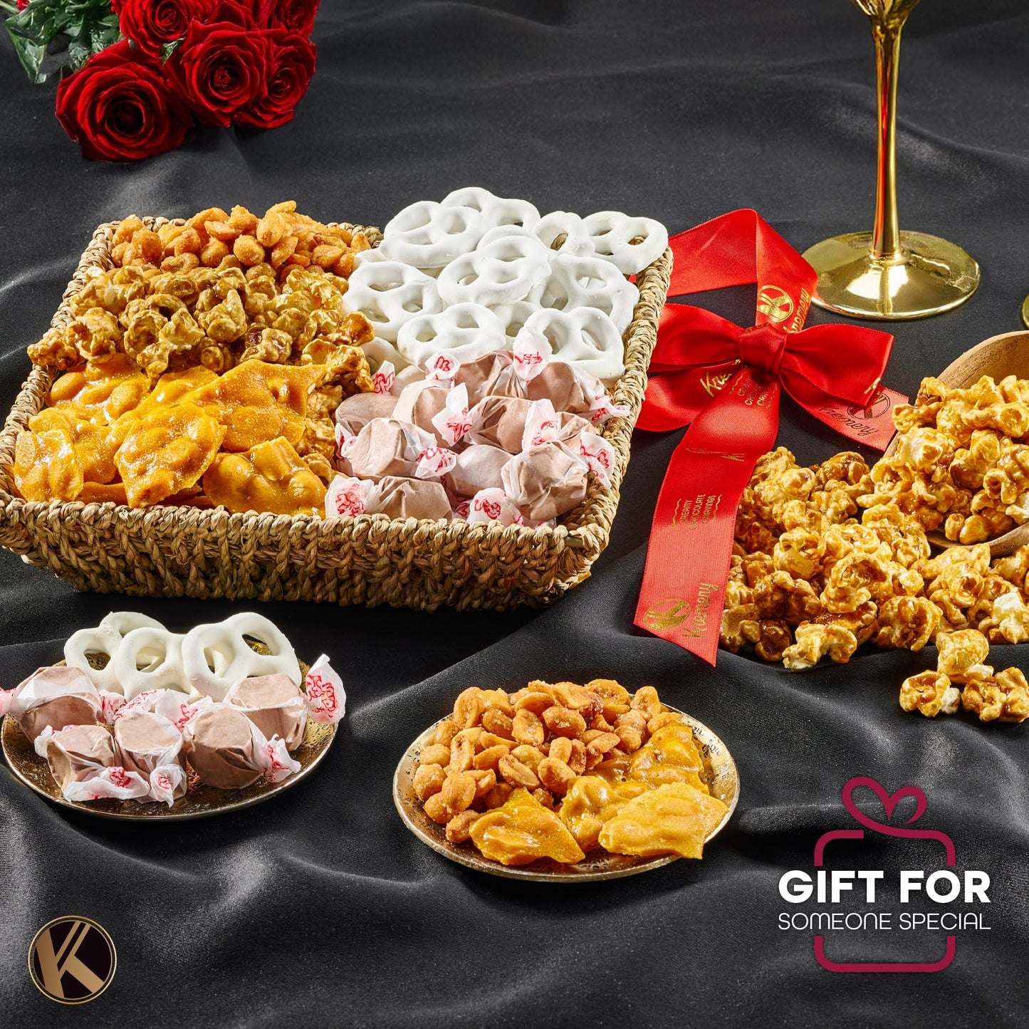 KREMERY Creamy Chocolate Cravings Chocolate Covered Pretzels, Nuts, Candy & Caramel Popcorn (Classic, 1.5 lbs) Sweet Treats in Seagrass Tray with Ribbon Kosher Arrangement