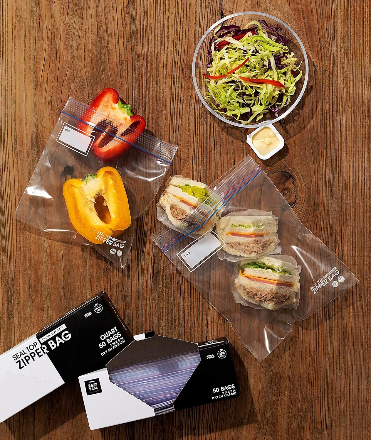 24/7 Bags- Quart Zip Storage Bags, 200 Count, Double Zipper Seal, Easy Grip Open Tabs, Write-On Space, BPA-Free & Heavy Duty, Microwave Safe, Non-StandUp