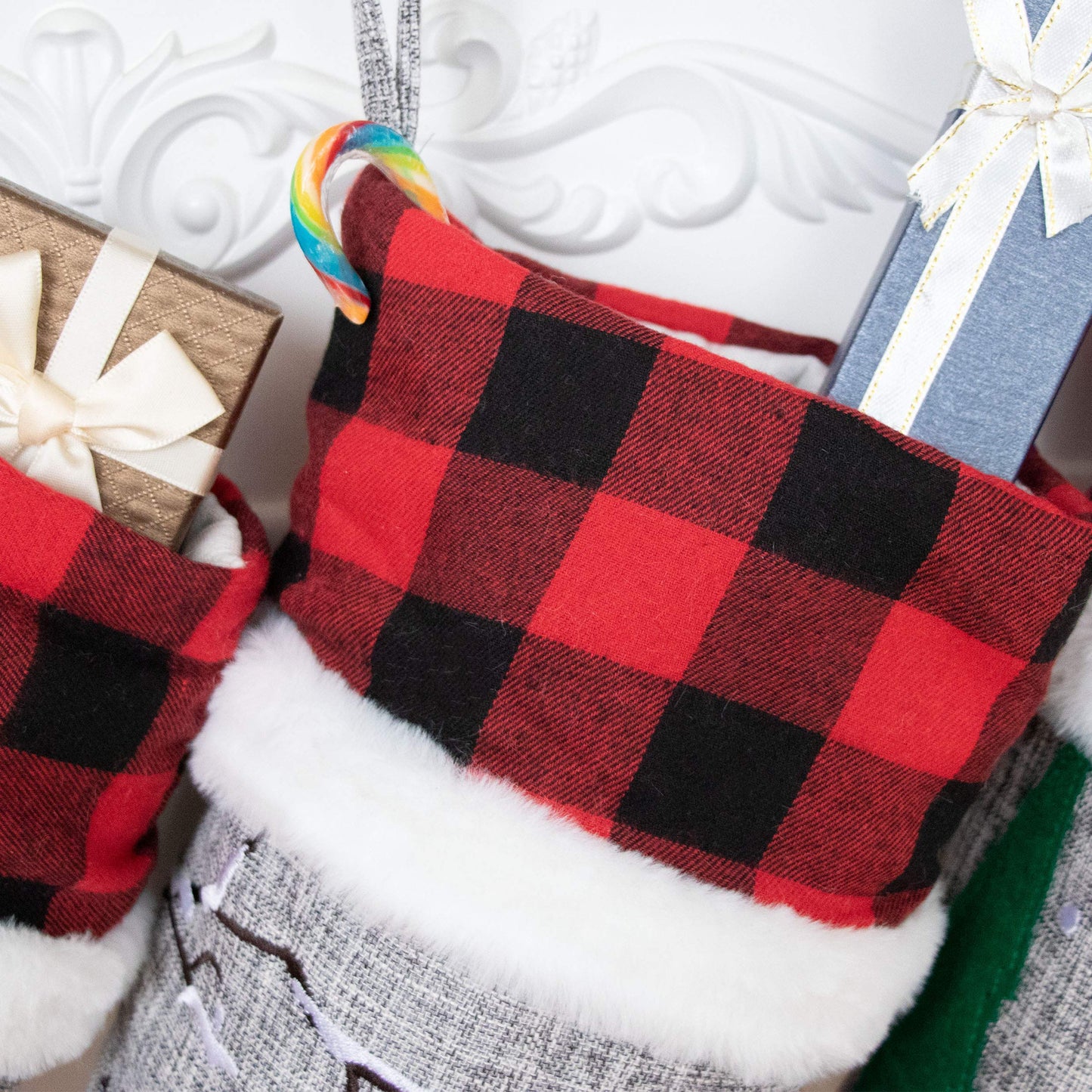 BHD BEAUTY Set of 6 Christmas Stockings Gray Burlap Buffalo Red Plaid Soft Faux Fur 20 Inches Lovely Embroidery Pattern for Family Decorations Hanging Ornament for Xmas Holiday Party