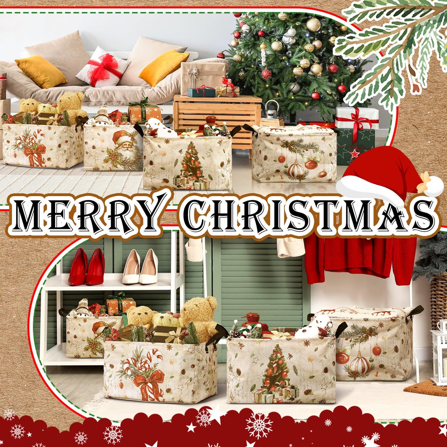 Bulyoou 4pcs Christmas Storage Basket Fabric Laundry Baskets with Handle Xmas Foldable Organizer Boxes for Office Home Baby Cloth Toy Book 15 x 10 x 8(Snowman)
