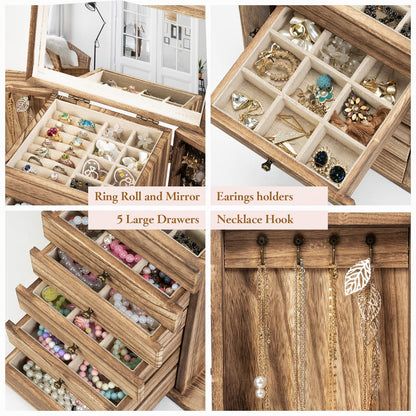 Emfogo Wooden Jewelry Box for Women, 6-Tier Large Jewelry Organizer Boxes with Mirror Rustic Solid Wood jewlery Storage Display for Rings Earrings Necklaces Bracelets watches(Carbonized Brown)