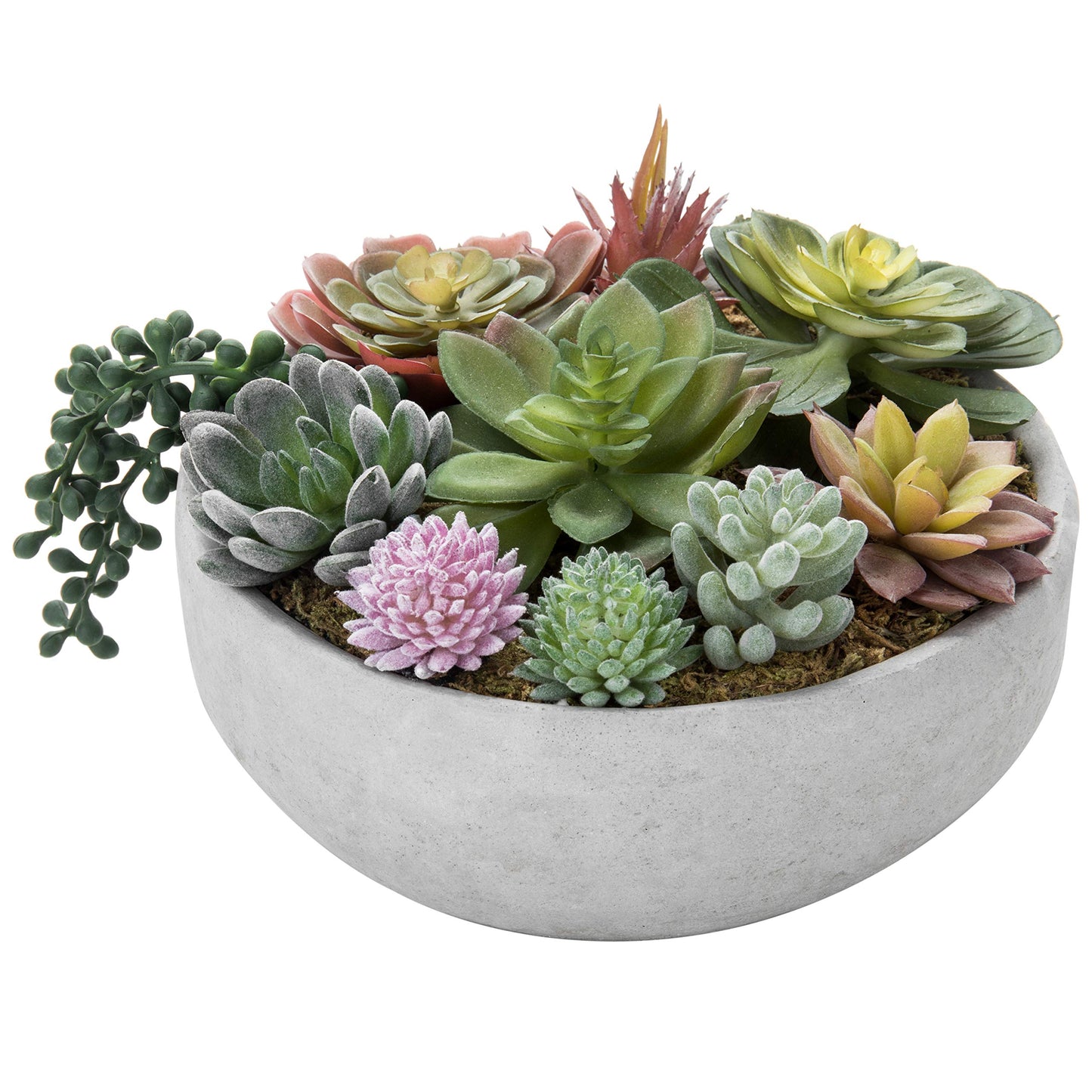 MyGift 8 Inch Round Modern Artificial Succulent Arrangement Potted in Gray Concrete Plant Bowl, Assorted Faux Mini Succulents in a Decorative Planter Pot