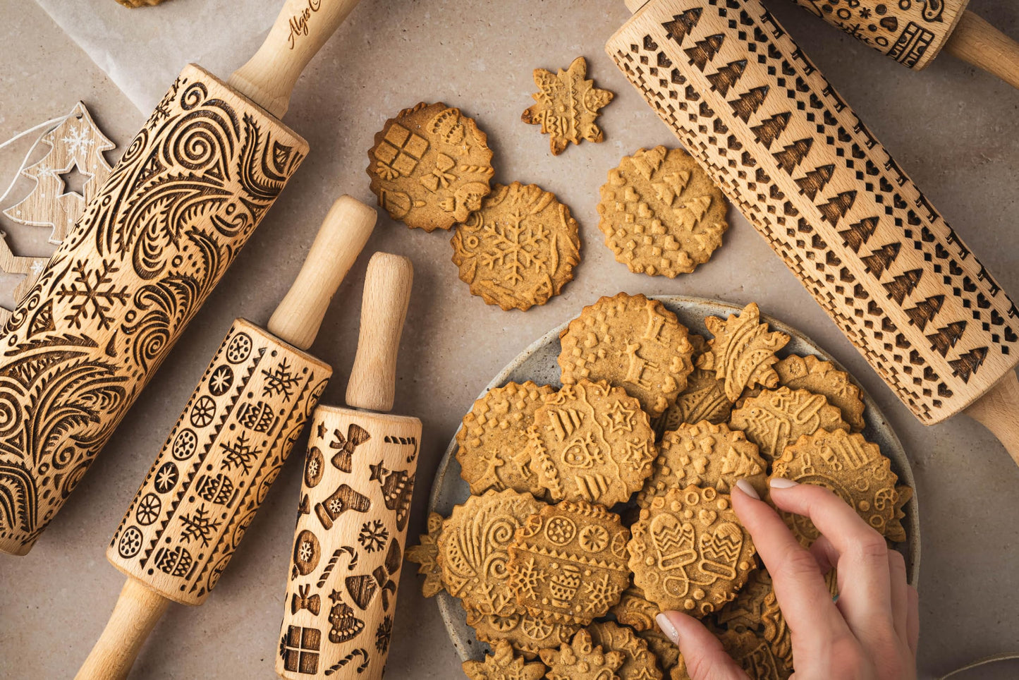 CHRISTMAS TILES Embossing Rolling Pin. Laser Engraved Dough Roller for Embossing Homemade Christmas Cookies by Algis Crafts