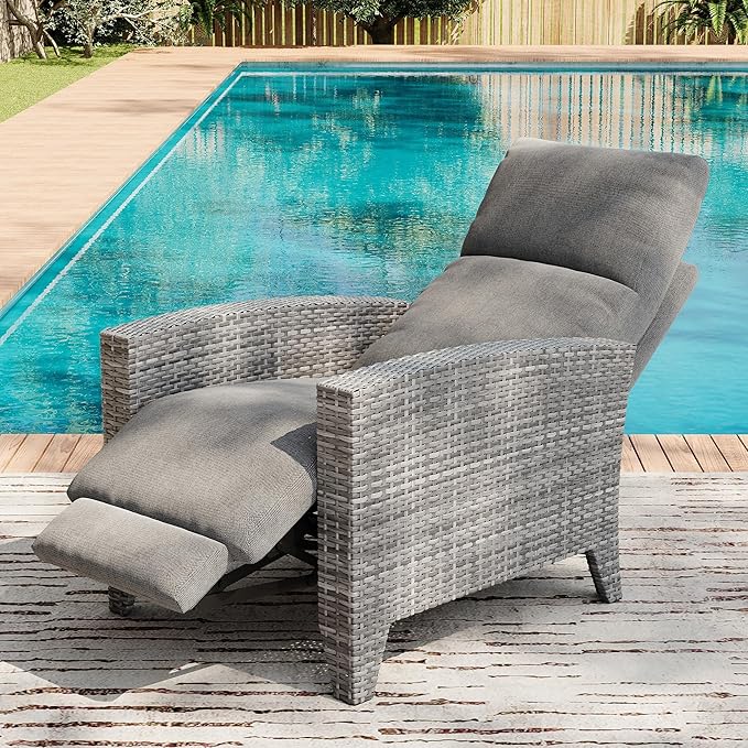 IDEALHOUSE Wicker Outdoor Recliner Reclining Patio Chairs with Adjustable Back & Footrest 150° Lay-Flat Reclining with Air Pump Rattan Flip-Up Side Table Outdoor Lounge Chairs for Pool Deck Balcony