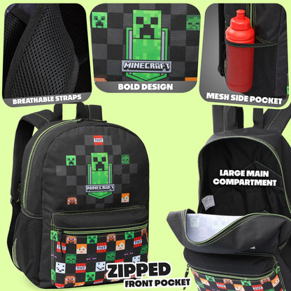 Minecraft Backpack for Kids Teenagers Gaming Rucksack School Bag Creeper Daypack Travel Bag for Days Out PE Sports Gamer Gifts (Black)