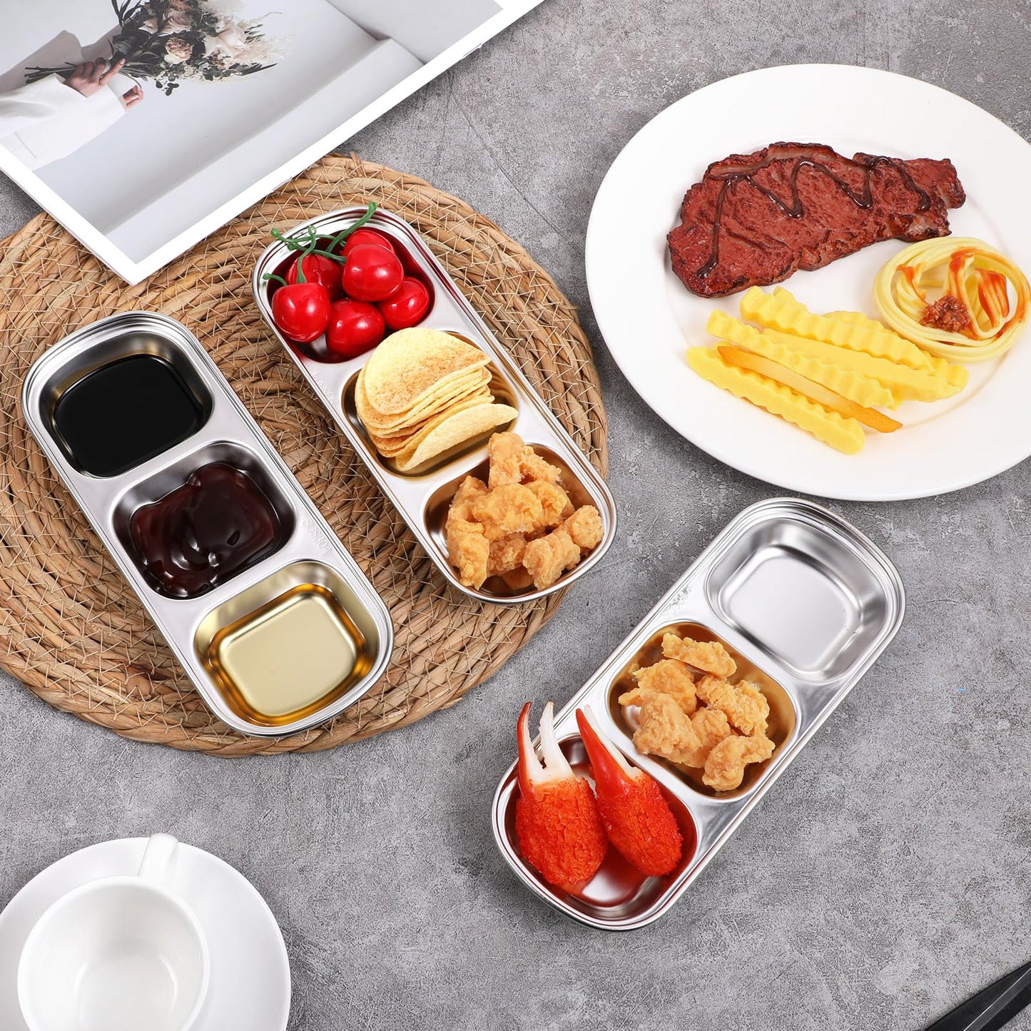 12 Packs Stainless Steel Divided Dip Bowls Soy Sauce Dishes, Divided Serving Tray Chip and Dip Serving Set, 3 Compartment Sauce Plate Seasoning Dipping Condiment Tray for BBQ Vinegar Spice Sugar
