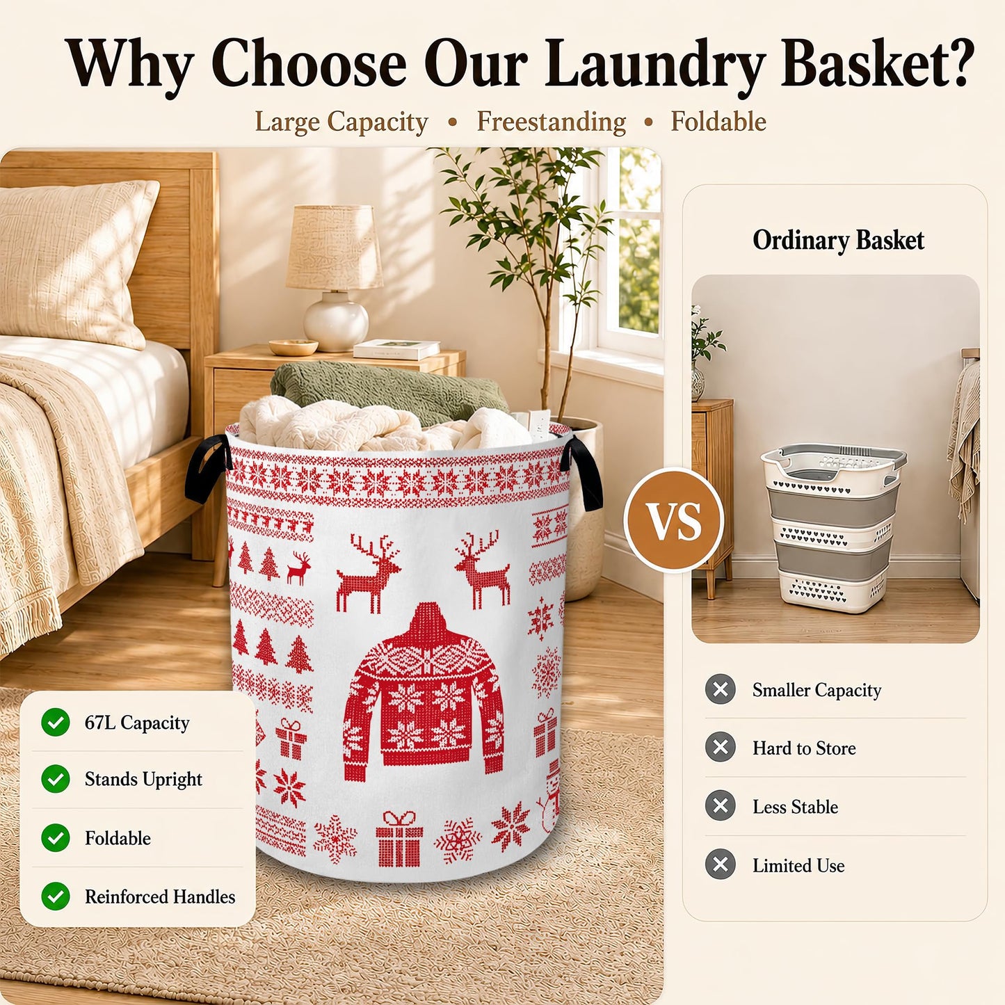 Christmas Cloth Laundry Basket with Handles, Foldable Tall Oxford Clothes Hamper, Lightweight Water-Resistant Storage Bin for Bedroom Bathroom College Dorm, 16 x 20.8 Inch