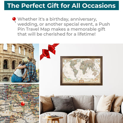 Push Pin Travel Maps Customizable Wall Art - Executive World - Rustic Brown - Framed Pin Map, Includes 150 Pins - Handcrafted in USA - 27.5" x 39.5"