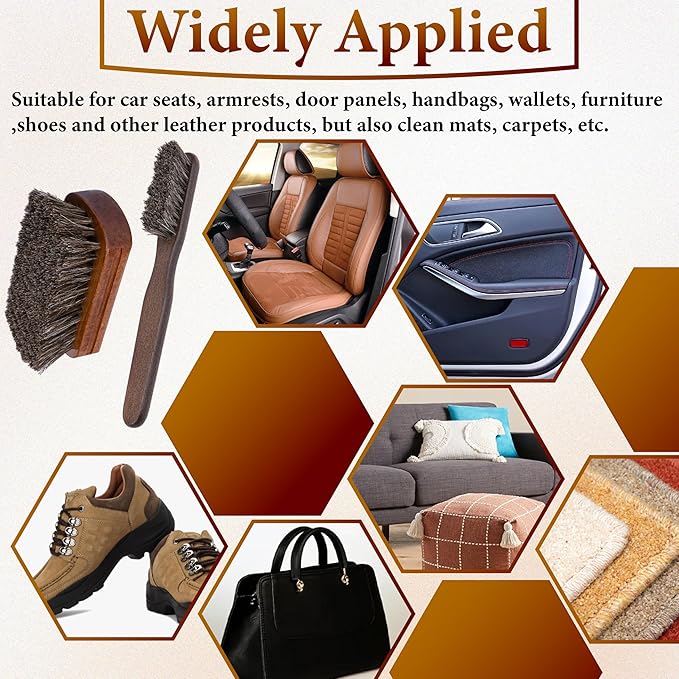 2 PCS Leather Brush Car Detailing, Horse Hair Brush, Car Cleaning Supplies