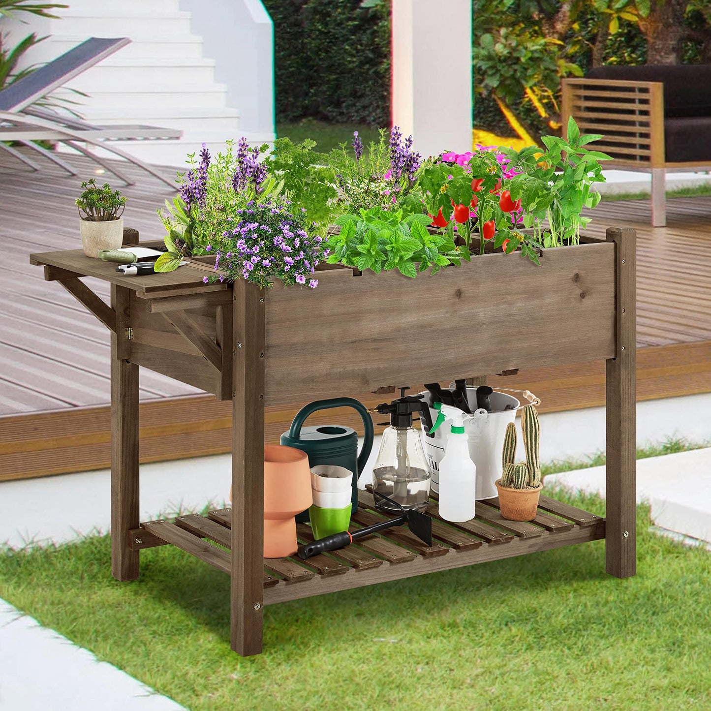 Yaheetech 49x22x32in 8 Pockets Horticulture Raised Garden Bed Elevated Wood Planter Box Stand with Foldable Side Table and Storage Shelf for Herb/Vegetables/Flowers